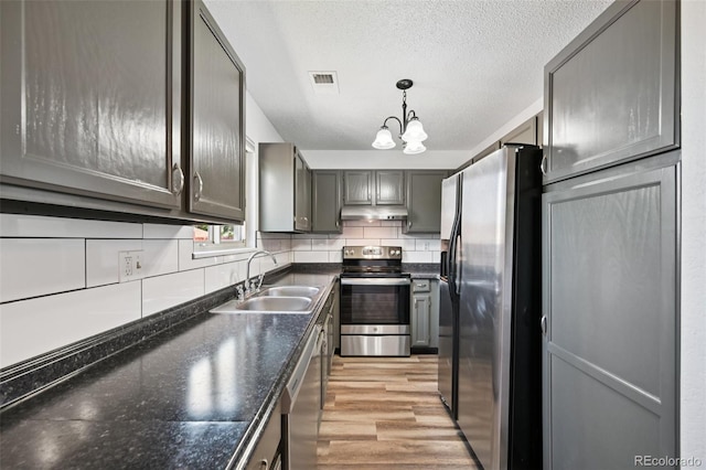 920 44th Avenue Ct Unit 30, Greeley, CO 80634 - kitchen with appliances with stainless steel finishes, under cabinet range hood, light wood finished floors, a chandelier, and tasteful backsplash