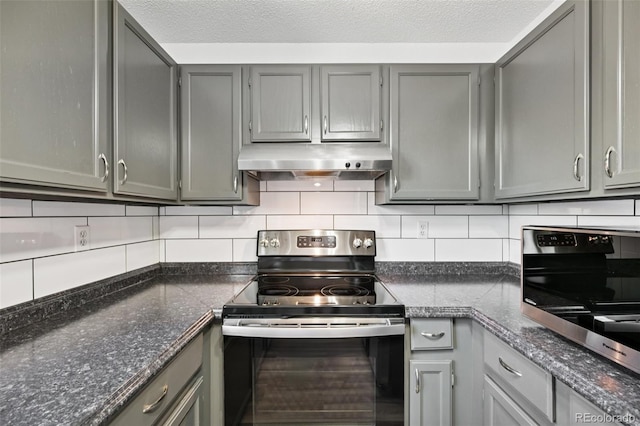 920 44th Avenue Ct Unit 30, Greeley, CO 80634 - kitchen with stainless steel range with electric cooktop, under cabinet range hood, gray cabinetry, and tasteful backsplash