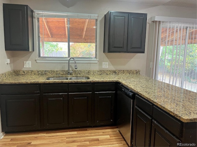 kitchen featuring plenty of natural light, stainless steel dishwasher, sink, and light hardwood / wood-style flooring