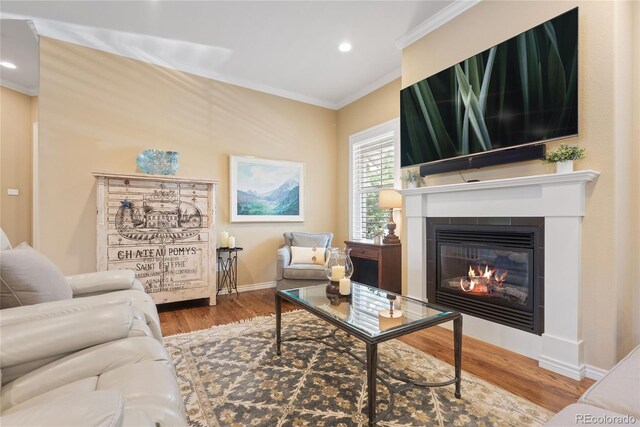 10182 Bristleridge St, Parker, CO 80134 - living room with ornamental molding, a glass covered fireplace, wood finished floors, recessed lighting, and baseboards
