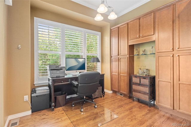 10182 Bristleridge St, Parker, CO 80134 - office area featuring ornamental molding, light wood-style flooring, and baseboards