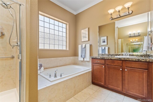 10182 Bristleridge St, Parker, CO 80134 - bathroom featuring vanity, a shower stall, a bath, tile patterned flooring, and crown molding
