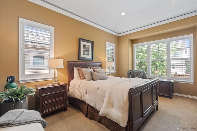10182 Bristleridge St, Parker, CO 80134 - bedroom with multiple windows, light carpet, baseboards, crown molding, and recessed lighting
