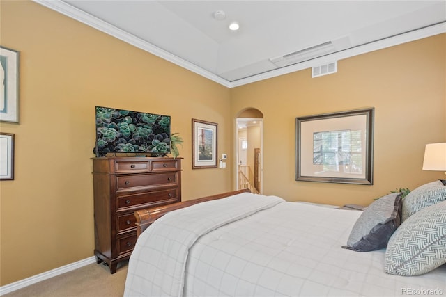 10182 Bristleridge St, Parker, CO 80134 - bedroom featuring carpet, arched walkways, baseboards, and crown molding