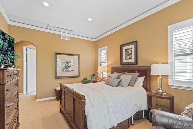 10182 Bristleridge St, Parker, CO 80134 - bedroom with multiple windows, light colored carpet, arched walkways, baseboards, and ornamental molding