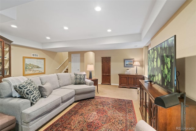 10182 Bristleridge St, Parker, CO 80134 - living room with stairway, light carpet, recessed lighting, baseboards, and a tray ceiling