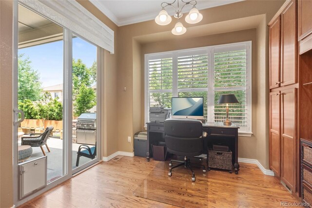 10182 Bristleridge St, Parker, CO 80134 - office area with ornamental molding, light wood-style floors, baseboards, and a chandelier