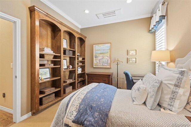10182 Bristleridge St, Parker, CO 80134 - bedroom featuring ornamental molding, a desk, baseboards, recessed lighting, and light colored carpet