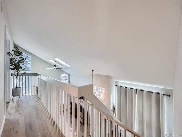 hall with light hardwood / wood-style flooring and vaulted ceiling with skylight