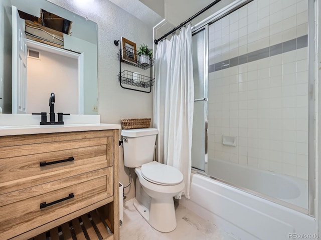 full bathroom featuring shower / bath combo with shower curtain, vanity, and toilet