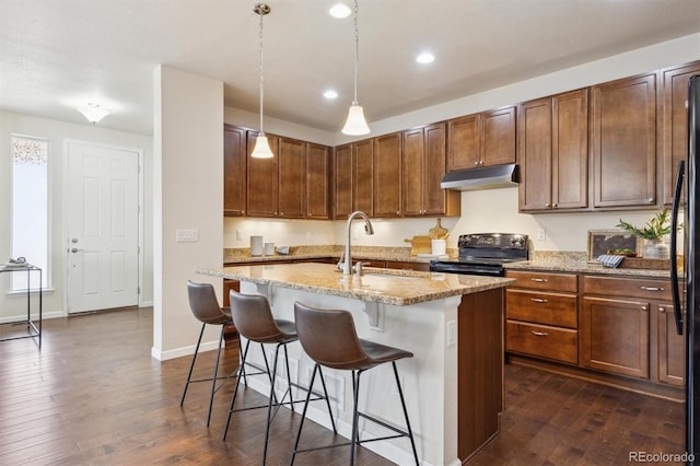 7367 S Pennsylvania St, Littleton, CO 80122 - kitchen featuring black appliances, under cabinet range hood, dark wood finished floors, light stone countertops, and recessed lighting