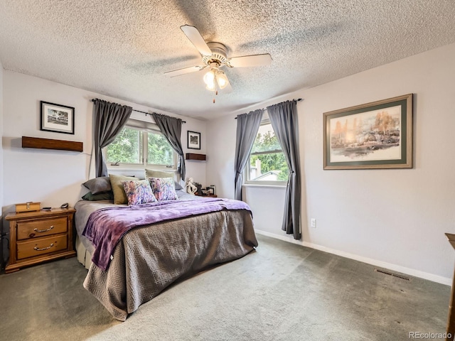 9150 Garrison St, Broomfield, CO 80021 - carpeted bedroom featuring multiple windows, a textured ceiling, baseboards, and ceiling fan