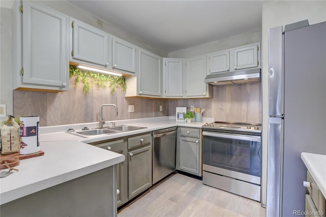 kitchen with gray cabinetry, sink, and appliances with stainless steel finishes