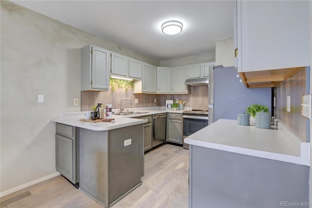 kitchen featuring kitchen peninsula, light wood-type flooring, gray cabinetry, stainless steel appliances, and sink