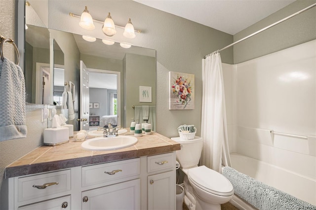 full bathroom with vanity, shower / bathtub combination with curtain, and toilet