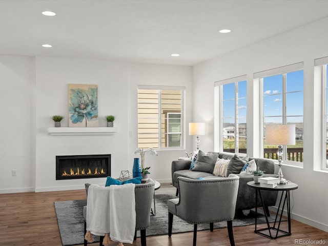 14710 Domino Dr, Parker, CO 80134 - living room with wood finished floors, a glass covered fireplace, recessed lighting, and baseboards