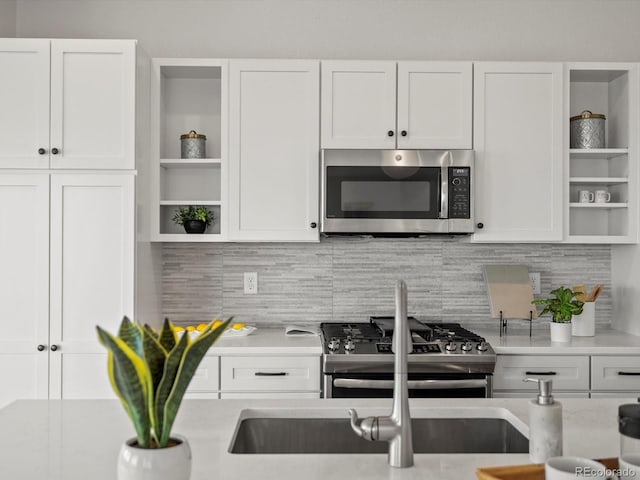 14710 Domino Dr, Parker, CO 80134 - kitchen with open shelves, appliances with stainless steel finishes, and white cabinetry