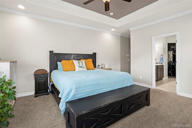 13833 Rivercrest Cir, Colorado Springs, CO 80921 - bedroom with light carpet, a raised ceiling, ornamental molding, recessed lighting, and baseboards