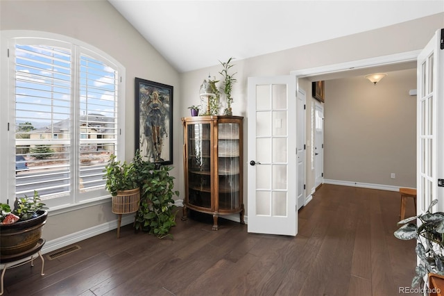 13833 Rivercrest Cir, Colorado Springs, CO 80921 - living area featuring vaulted ceiling, plenty of natural light, dark wood finished floors, and baseboards