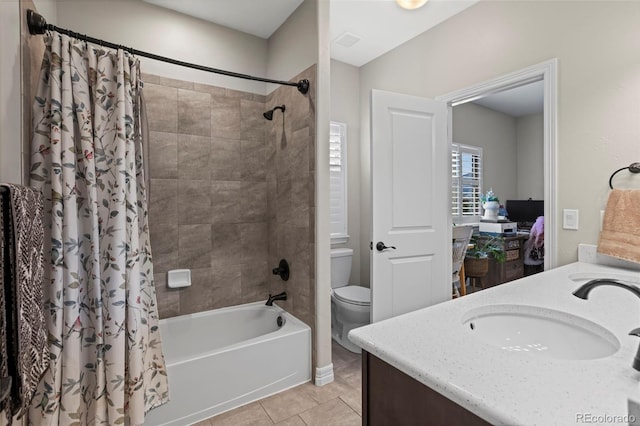 13833 Rivercrest Cir, Colorado Springs, CO 80921 - bathroom with tile patterned floors, toilet, shower / bath combo with shower curtain, and vanity