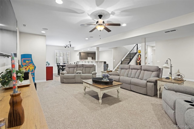 13833 Rivercrest Cir, Colorado Springs, CO 80921 - living room featuring carpet floors, stairway, baseboards, recessed lighting, and ceiling fan