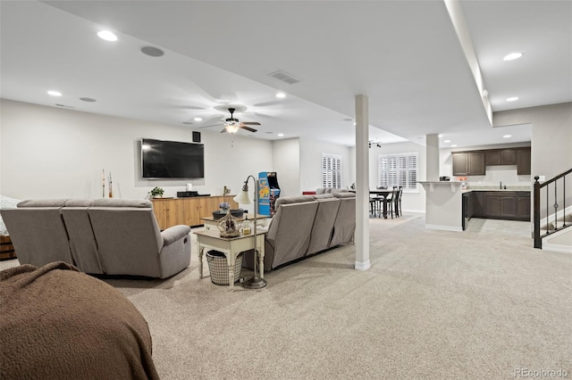 13833 Rivercrest Cir, Colorado Springs, CO 80921 - living room featuring light colored carpet, ceiling fan, recessed lighting, and baseboards