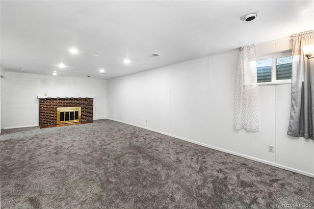 6336 W 71st Pl, Arvada, CO 80003 - unfurnished living room featuring carpet, a brick fireplace, and recessed lighting