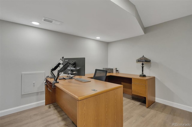 1540 Fawnwood Rd, Monument, CO 80132 - home office with light wood-style floors, baseboards, and recessed lighting