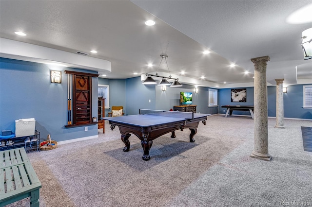 recreation room featuring pool table, ornate columns, recessed lighting, carpet flooring, and baseboards