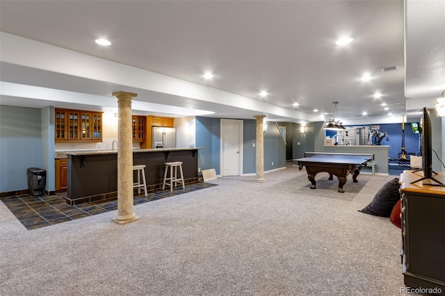 game room featuring visible vents, indoor wet bar, dark carpet, billiards, and recessed lighting