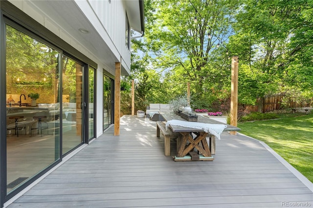 3235 E Easter Pl, Centennial, CO 80122 - wooden terrace with view of wooded area and a sink