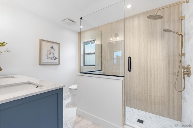 3235 E Easter Pl, Centennial, CO 80122 - full bathroom with marble look tiles, a shower stall, toilet, vanity, and recessed lighting