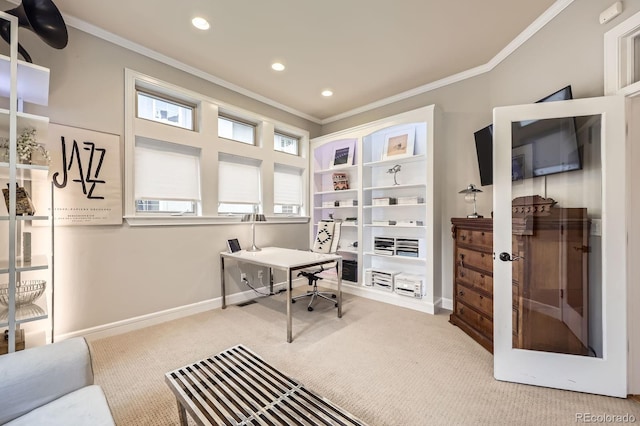 714 Skywalker Pt, Lafayette, CO 80026 - office area featuring crown molding, carpet, and recessed lighting