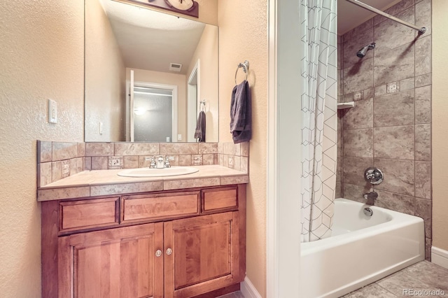 714 Skywalker Pt, Lafayette, CO 80026 - bathroom with shower / bathtub combination with curtain, vanity, and a textured wall