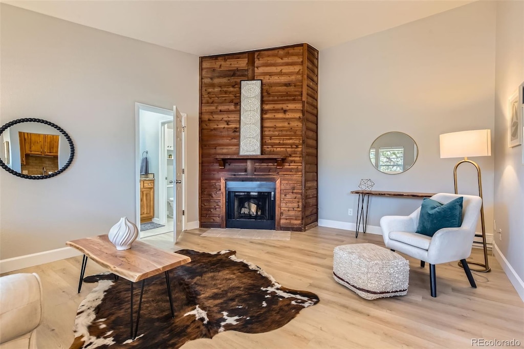 living room featuring light hardwood / wood-style floors and a large fireplace