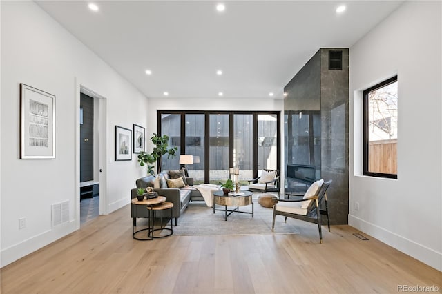 living area featuring a fireplace and light hardwood / wood-style floors