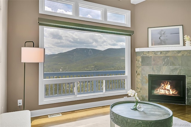 33633 Elk Run, Evergreen, CO 80439 - detailed view of wood finished floors, a fireplace, and mountains