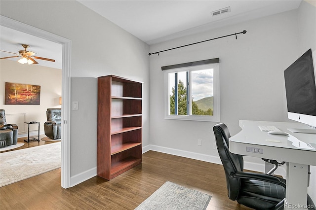 33633 Elk Run, Evergreen, CO 80439 - office space with ceiling fan, wood finished floors, and baseboards