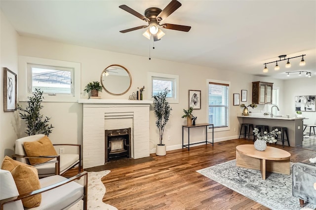 living room featuring baseboards, a ceiling fan, rail lighting, and wood finished floors