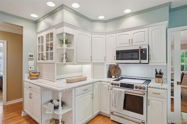5530 E 6th Avenue Parkway, Denver, CO 80220 - kitchen featuring white electric stove, open shelves, white cabinetry, light wood-style floors, and crown molding