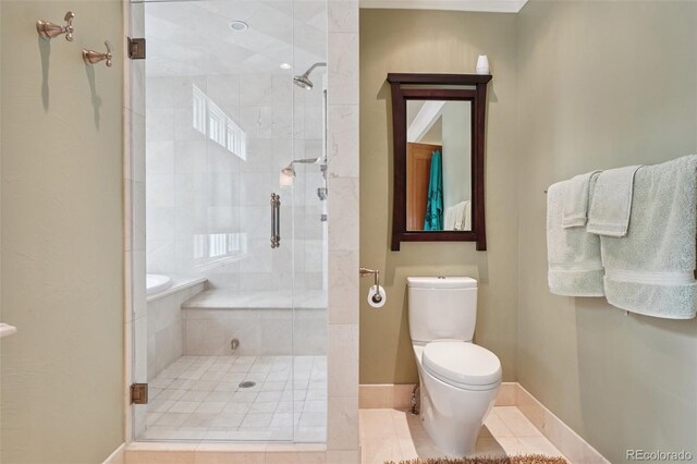 5530 E 6th Avenue Parkway, Denver, CO 80220 - bathroom featuring a stall shower, baseboards, toilet, and tile patterned flooring