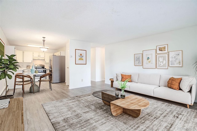 living room with a textured ceiling and light wood-type flooring