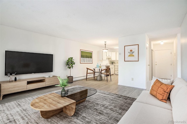 living room featuring hardwood / wood-style flooring and a baseboard radiator