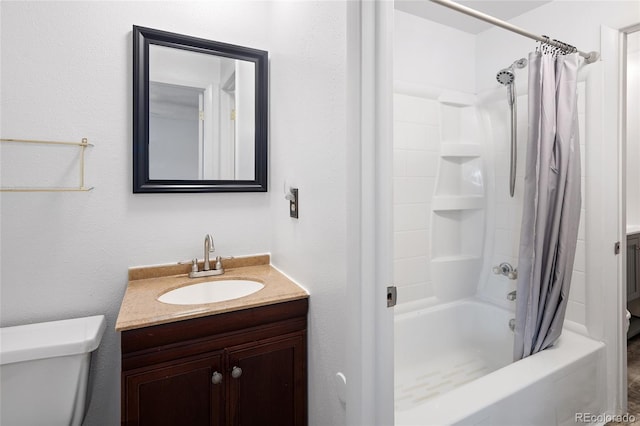 bathroom with toilet, vanity, and shower / bath combination with curtain