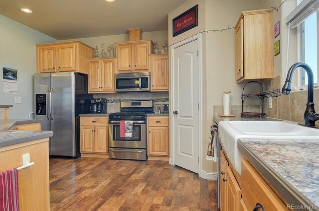kitchen with decorative backsplash, light brown cabinets, dark wood finished floors, and stainless steel appliances