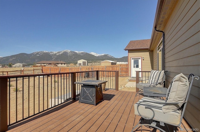 deck featuring a mountain view and a fenced backyard