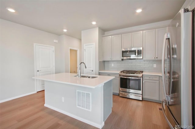 kitchen with tasteful backsplash, an island with sink, light wood-type flooring, sink, and stainless steel appliances