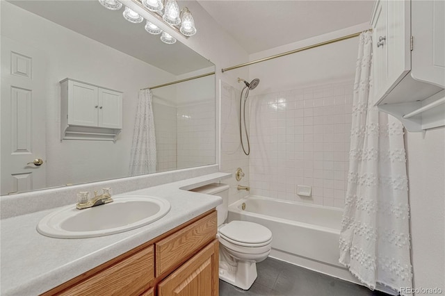 full bathroom with vanity, tile patterned floors, toilet, and shower / bath combo with shower curtain