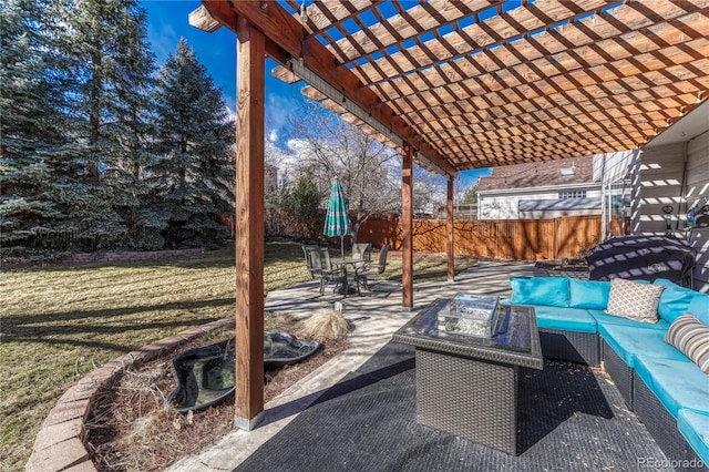 view of patio with a pergola and an outdoor hangout area