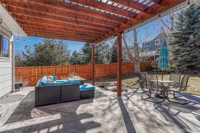 view of patio / terrace with a pergola and outdoor lounge area